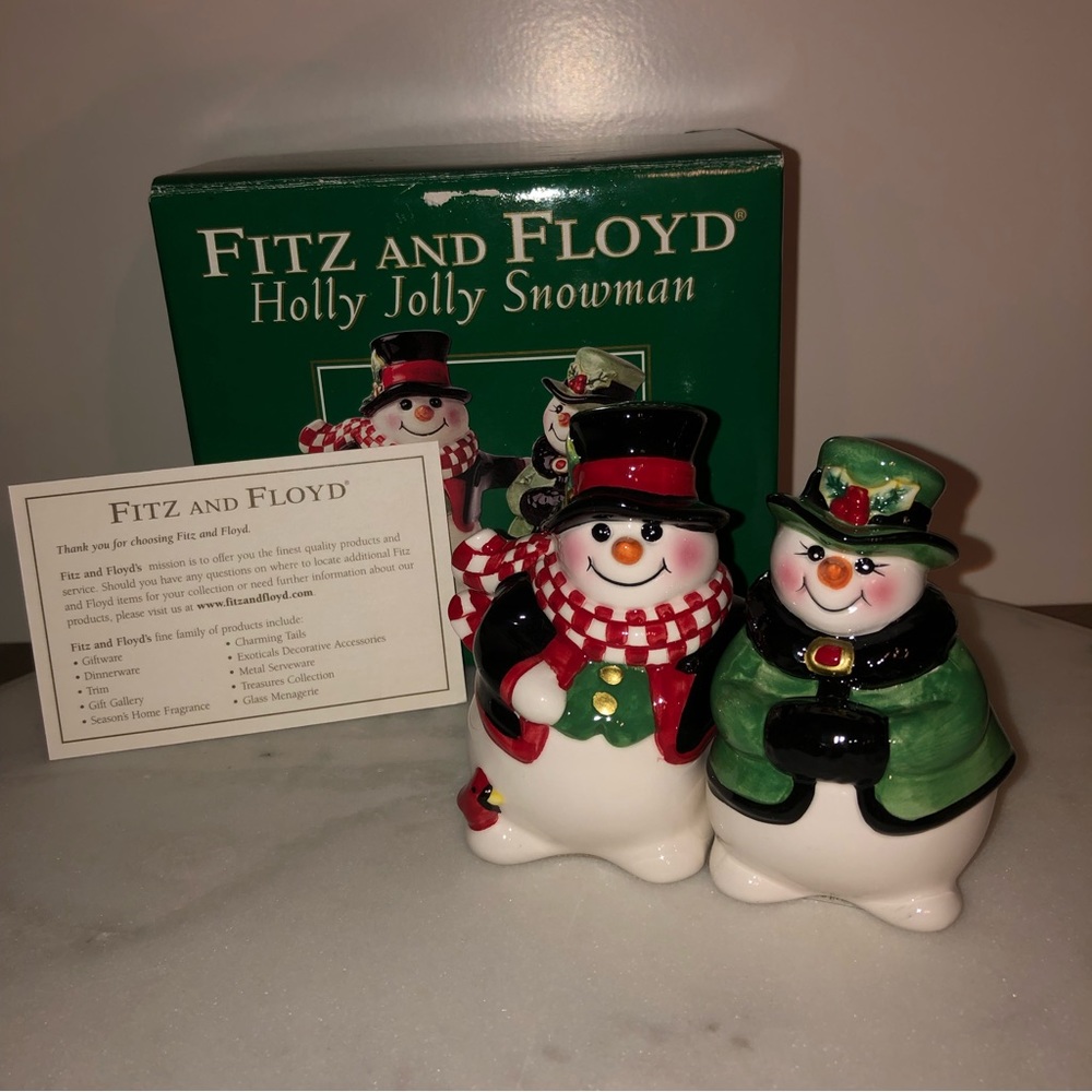 Fitz and Floyd Holly Jolly Snowman Salt & Pepper Shakers - New In Box